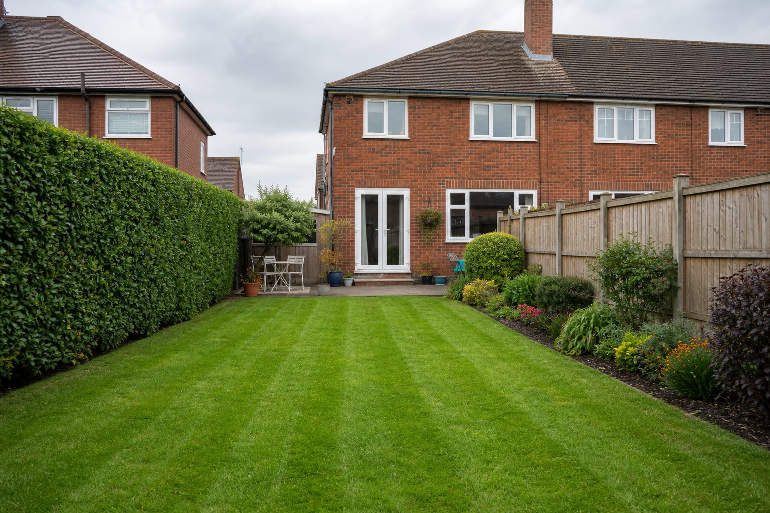 Neatly mown striped back lawn with clipped hedge and planted border behind a red-brick semi-detached house