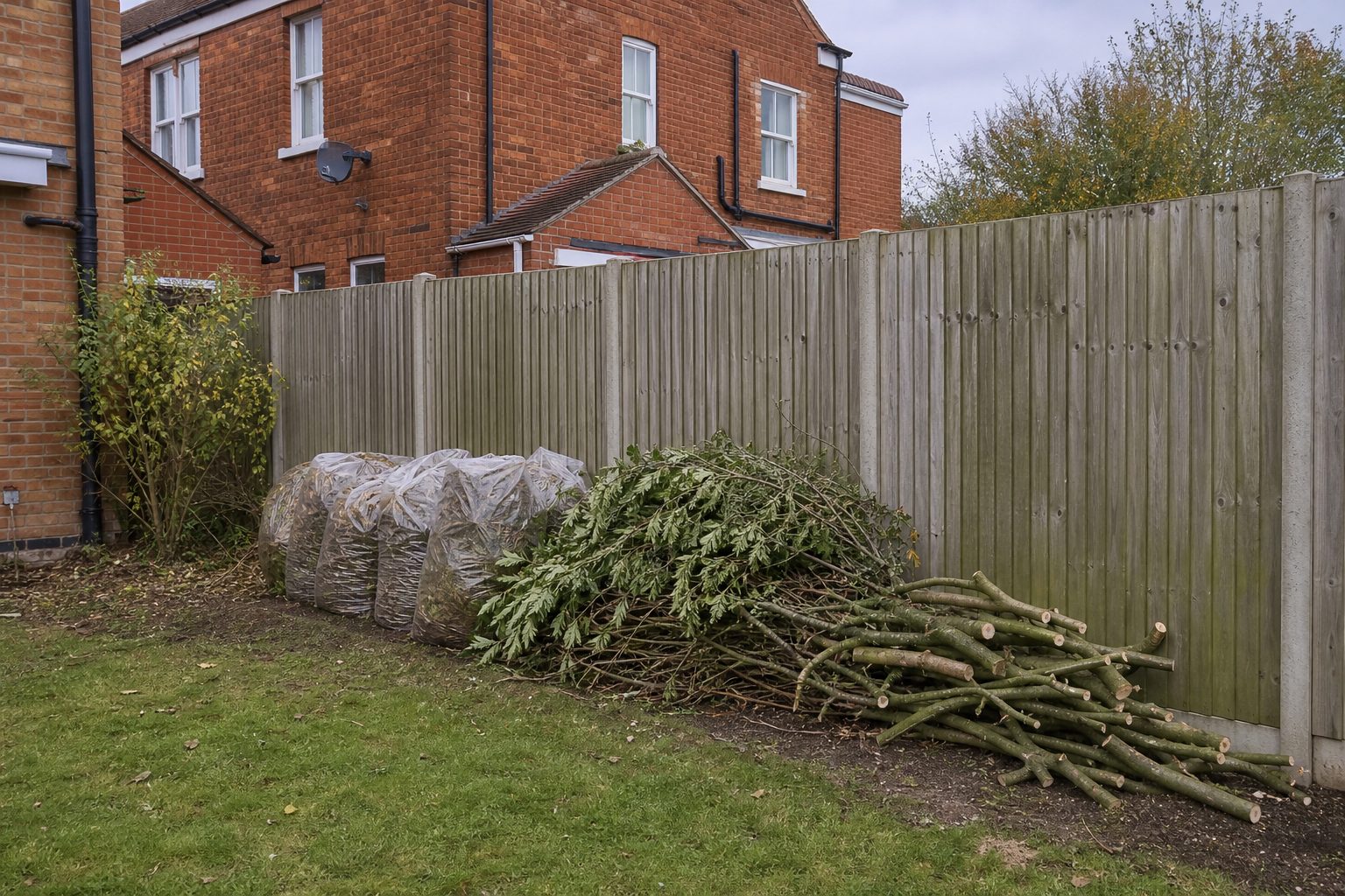 Cut branches and bagged garden waste stacked beside a timber fence in a cleared garden