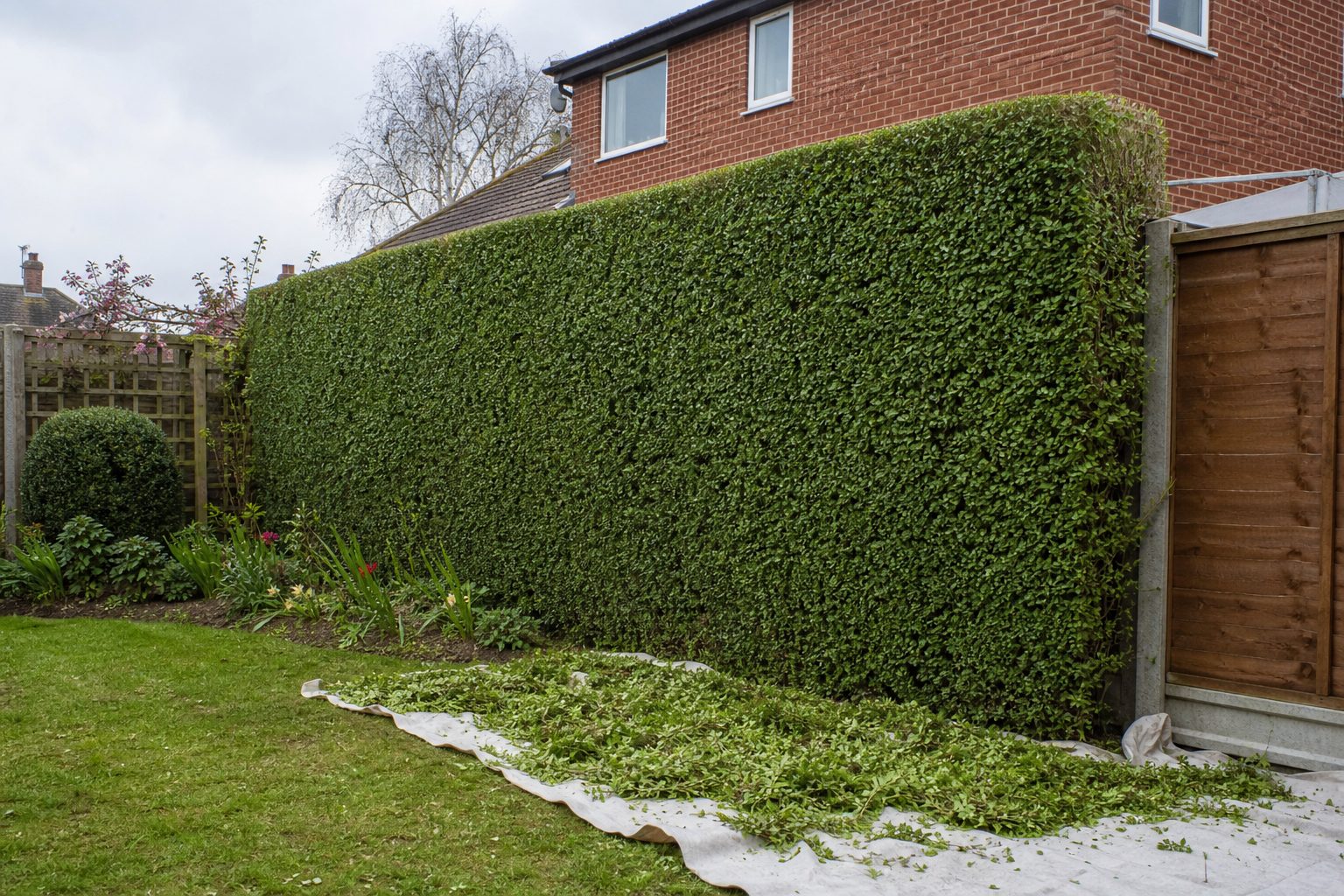 Tall privet hedge freshly trimmed square with clippings collected on a sheet below
