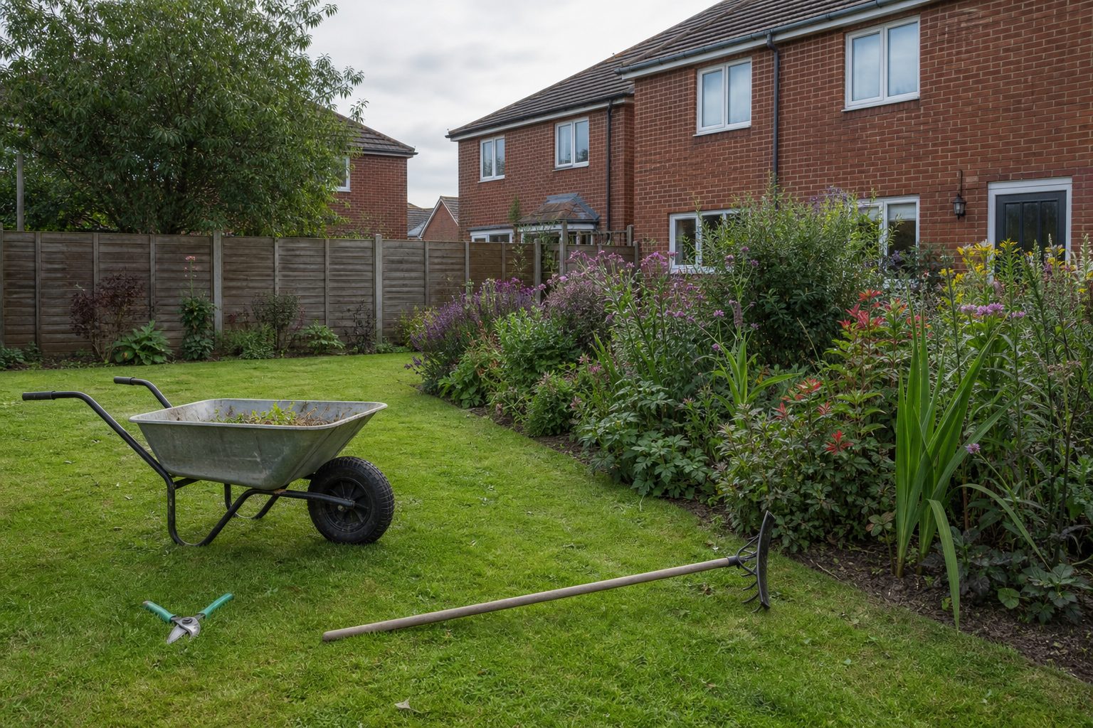 Wheelbarrow and hand tools resting on a tidy mown lawn beside a planted border