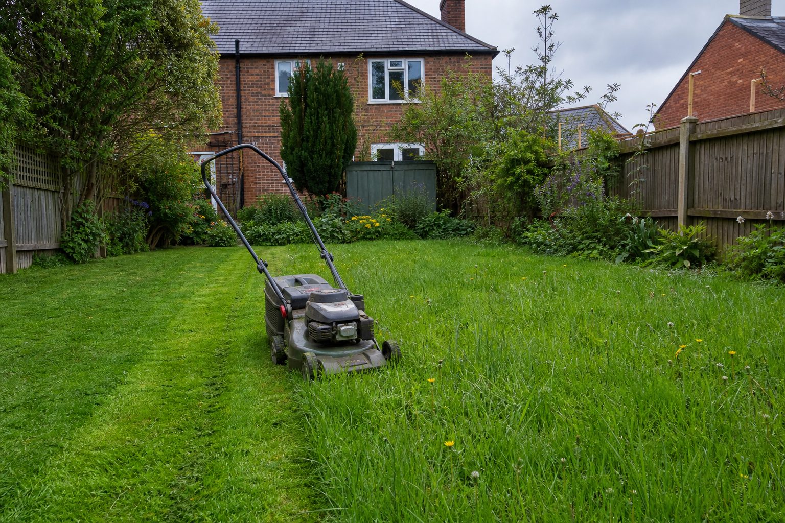 Rotary lawnmower part-way across a back lawn leaving a clean cut stripe