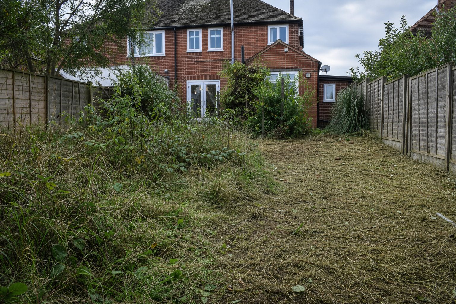 Overgrown back garden half cleared during a tidy-up, long grass cut back on one side